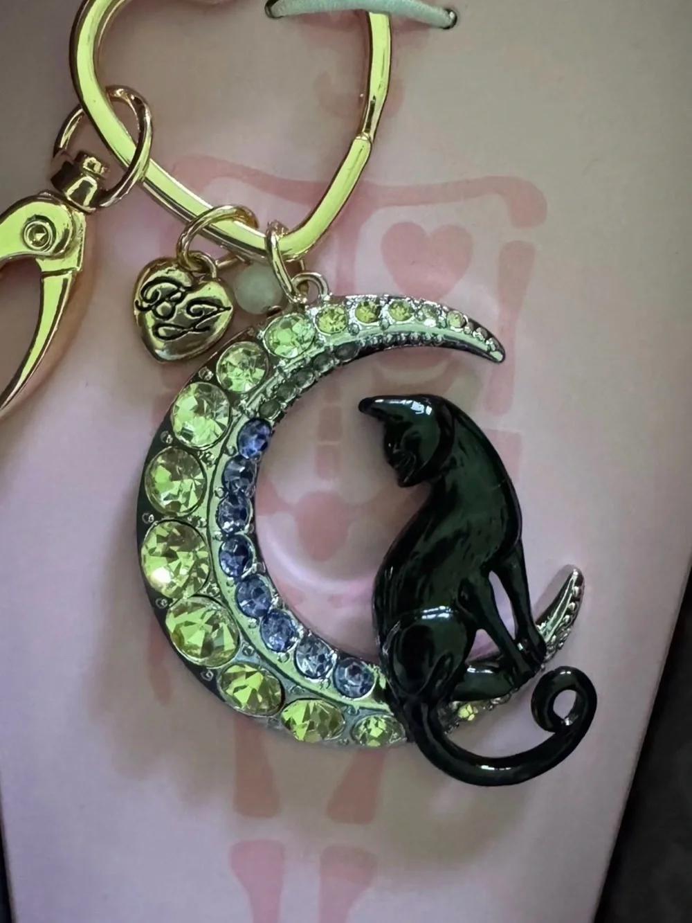 BETSEY JOHNSON Halloween Black Cat & Crystal-Studded Moon Bag Charm Keychain NWT
